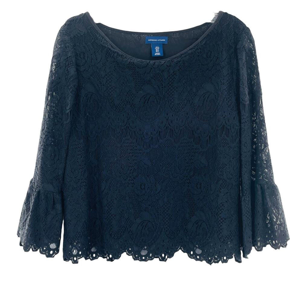 ADRIENNE VITADINI Black Lace Ruffle Bell Sleeve Scoop Neck Crop Top Blouse S